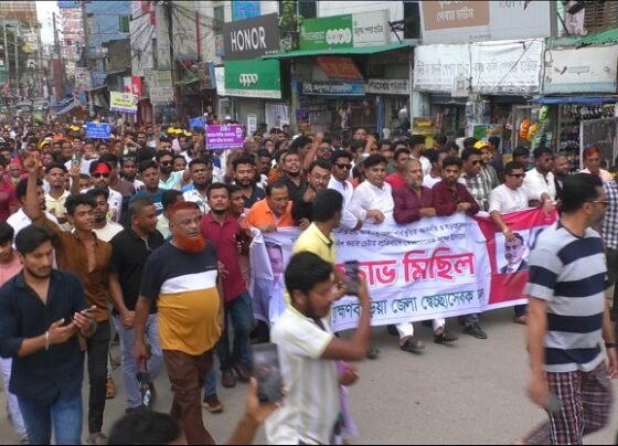 আইনশৃঙ্খলা পরিস্থিতির অবনতি ও দেশকে অস্থিতিলীল করার চেষ্টার প্রতিবাদে ব্রাহ্মণবাড়িয়ায় বিক্ষোভ মিছিল