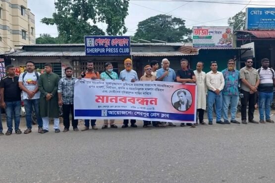 শেরপুরে সাংবাদিক তুহিন হত্যা ও সারাদেশে সাংবাদিক হামলার প্রতিবাদে মানববন্ধন