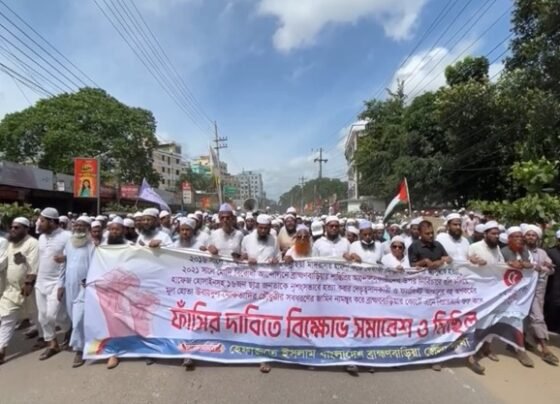 ব্রাহ্মণবাড়িয়ায় সাবেক মন্ত্রী মোকতাদির চৌধুরীর ফাঁসির দাবিতে হেফাজতের বিক্ষোভ মিছিল