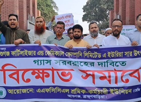 আশুগঞ্জ সার কারখানার উৎপাদন চালুর দাবিতে শ্রমিক-কর্মচারীদের বিক্ষোভ