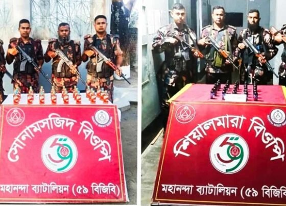 চাঁপাইনবাবগঞ্জে বিজিবি’র পৃথক অভিযানে বিদেশী মদ ও ফেন্সিডিল উদ্ধার