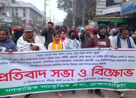 দেশজুড়ে মোবক্রেসি, গণমাধ্যম ও সাংস্কৃতিক অঙ্গনে হামলার প্রতিবাদে ব্রাহ্মণবাড়িয়ায় মানববন্ধন