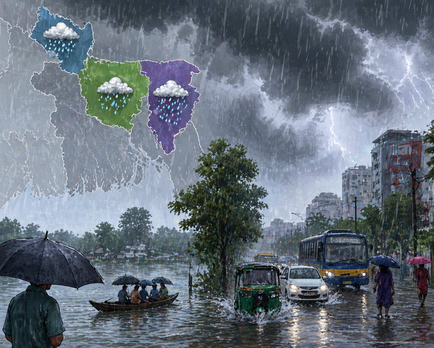 তিন বিভাগে অতি ভারী বৃষ্টির পূর্বাভাস, জলাবদ্ধতার শঙ্কা